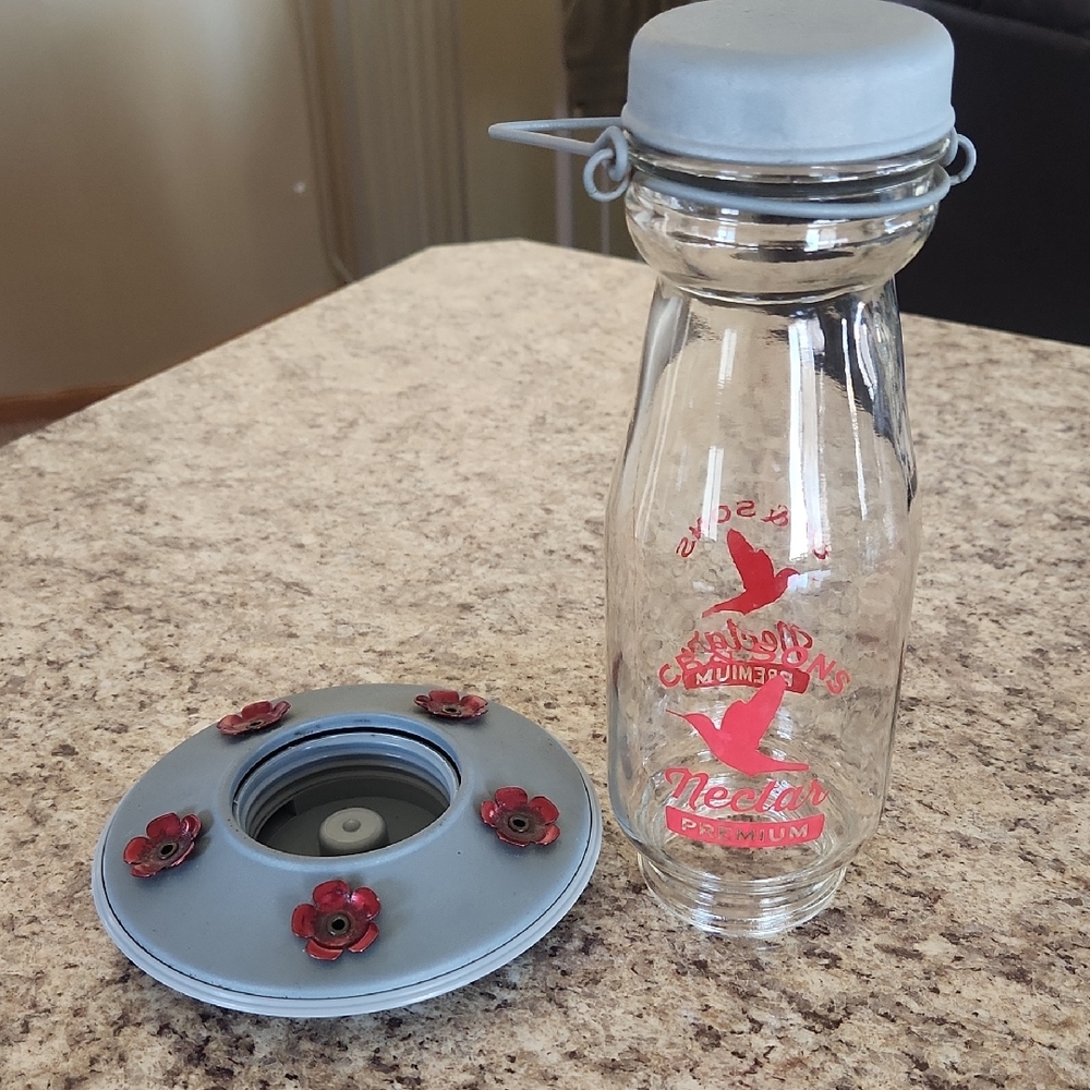 Gray and Red Glass Nectar Feeder